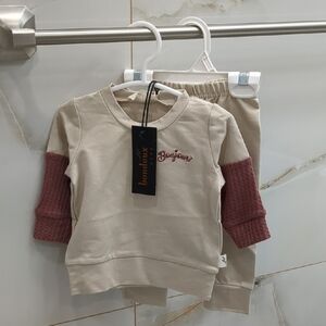 Bonjour Bebe Beige and Pink Kids Sweatshirt Set Size 9 Months